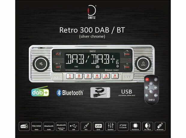 Dietz Retro-300DAB autoradio 1-din met DAB+ bluetooth usb zilver-chroom design